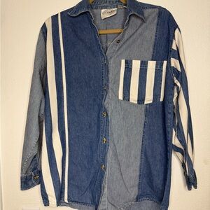 Blue and White Striped Button Down Denim-Cotton Shirt